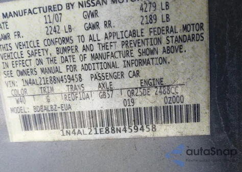 2008 Nissan Altima 2.5 S from USA, damaged, VIN 1N4AL21E88N459458